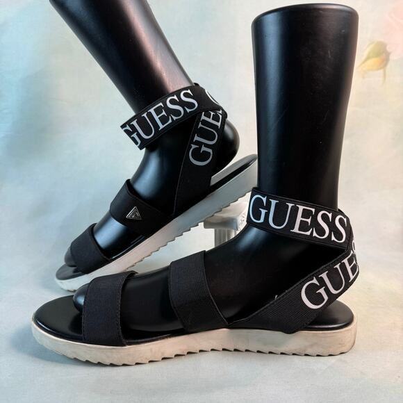 Guess Ankle Logo Black & White Chunky Ankle Strap Sandals - Picture 3 of 7